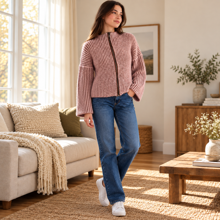 Ribbed Zip-Up Sweater Crochet Pattern PDF | Made-to-Measure Mock Neck