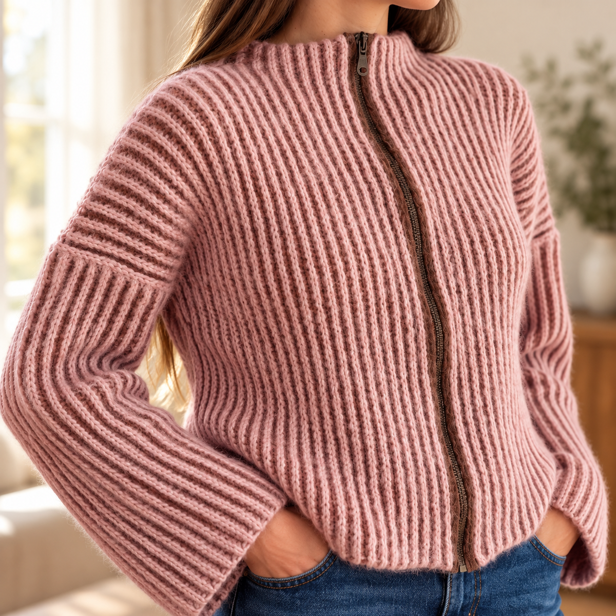 Ribbed Zip-Up Sweater Crochet Pattern PDF | Made-to-Measure Mock Neck