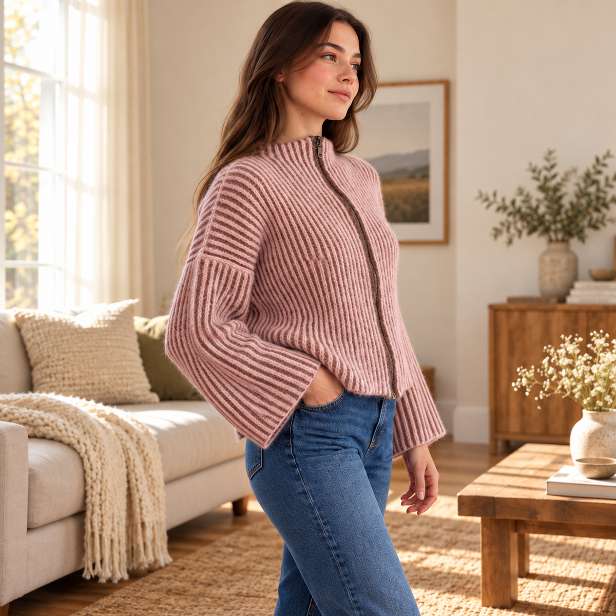 Ribbed Zip-Up Sweater Crochet Pattern PDF | Made-to-Measure Mock Neck