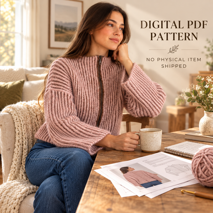 Ribbed Zip-Up Sweater Crochet Pattern PDF | Made-to-Measure Mock Neck