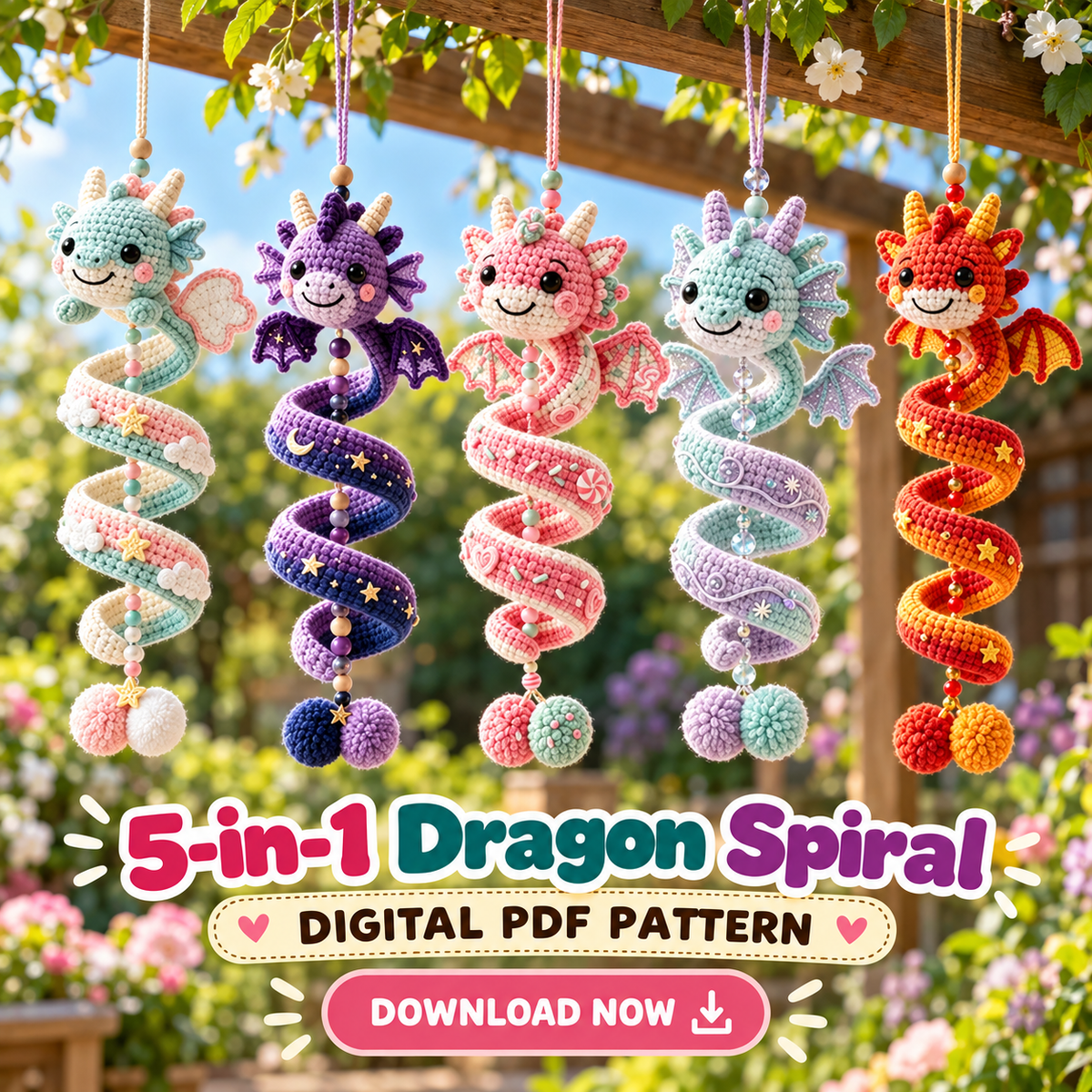 5-in-1 Crochet Dragon Spiral Hanging Pattern PDF | Fantasy Ornament Bundle