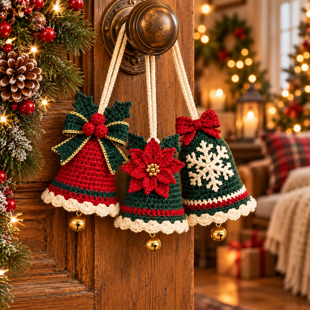 3-in-1 Christmas Bell Ornament Crochet Pattern PDF | Bow, Poinsettia & Snowflake