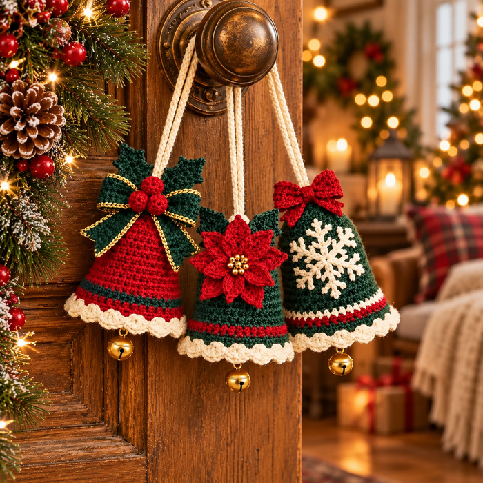 3-in-1 Christmas Bell Ornament Crochet Pattern PDF | Bow, Poinsettia & Snowflake