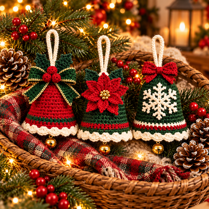 3-in-1 Christmas Bell Ornament Crochet Pattern PDF | Bow, Poinsettia & Snowflake
