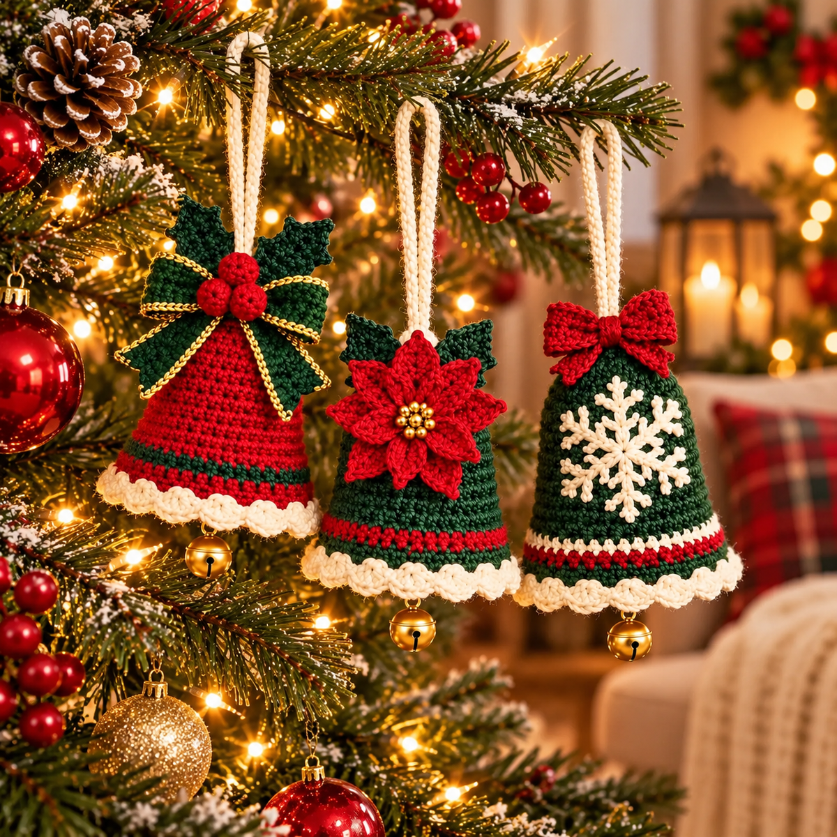 3-in-1 Christmas Bell Ornament Crochet Pattern PDF | Bow, Poinsettia & Snowflake