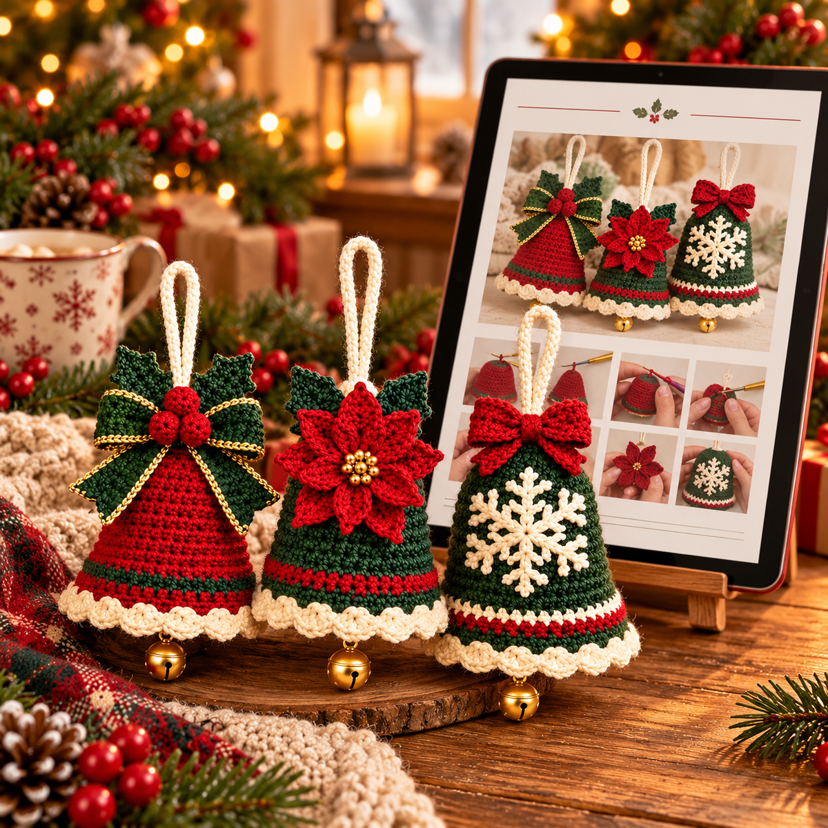 3-in-1 Christmas Bell Ornament Crochet Pattern PDF | Bow, Poinsettia & Snowflake