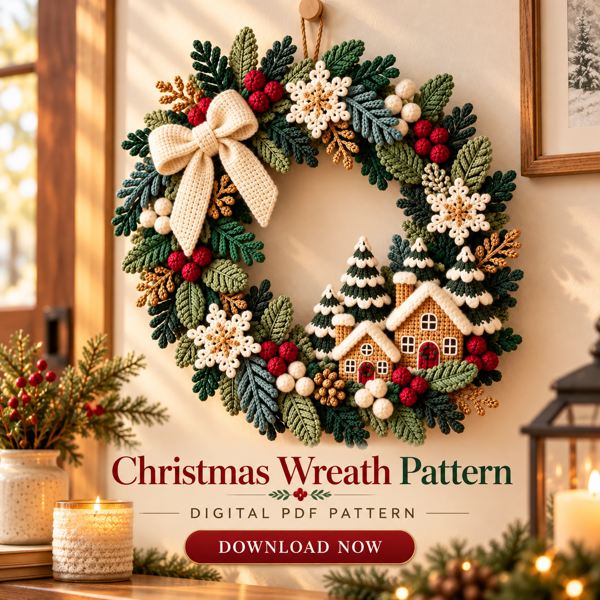 Gingerbread House Christmas Wreath Crochet Pattern PDF | Snowflake Door Decor