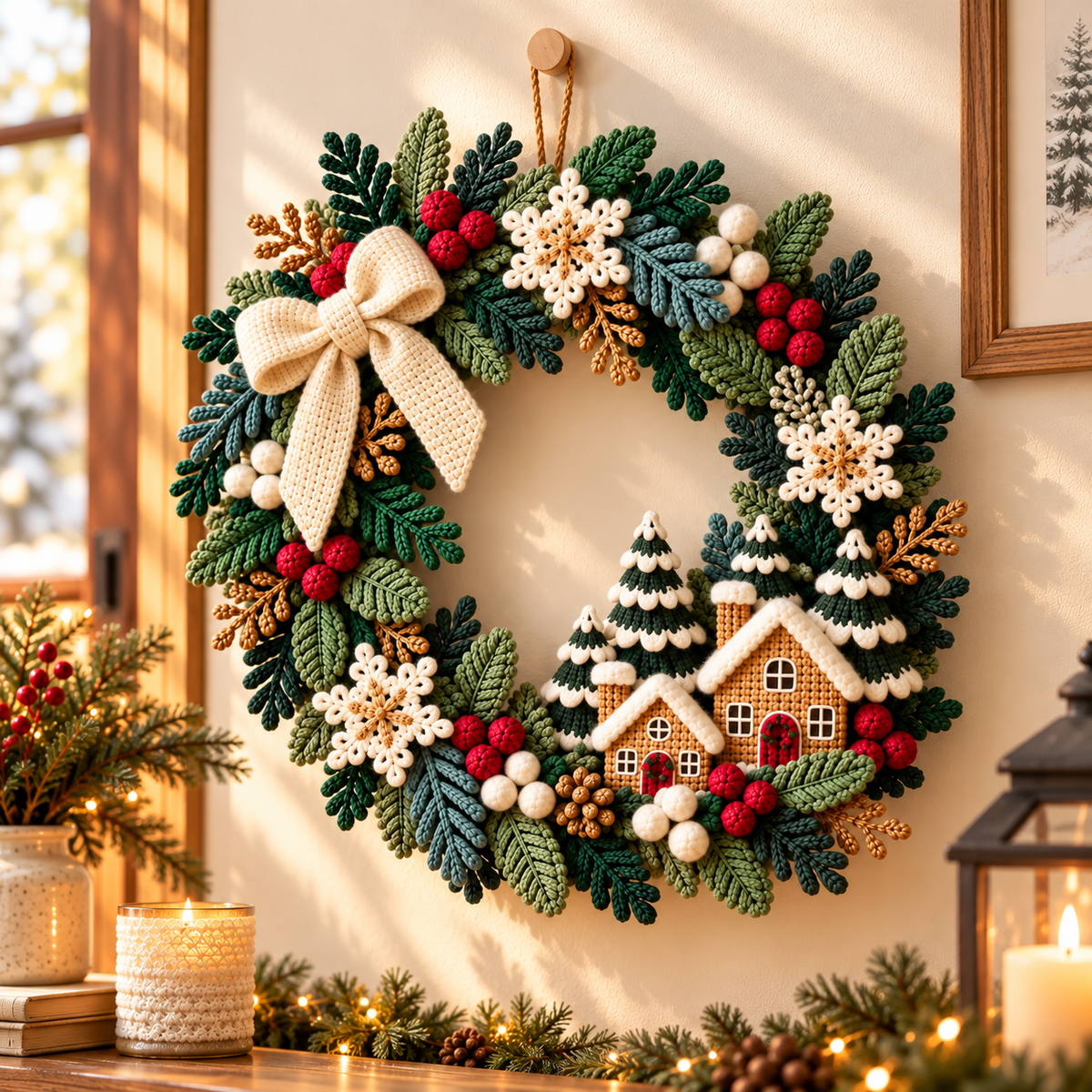 Gingerbread House Christmas Wreath Crochet Pattern PDF | Snowflake Door Decor