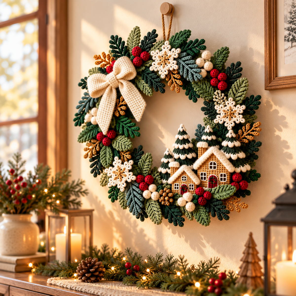 Gingerbread House Christmas Wreath Crochet Pattern PDF | Snowflake Door Decor