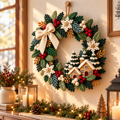 Gingerbread House Christmas Wreath Crochet Pattern PDF | Snowflake Door Decor