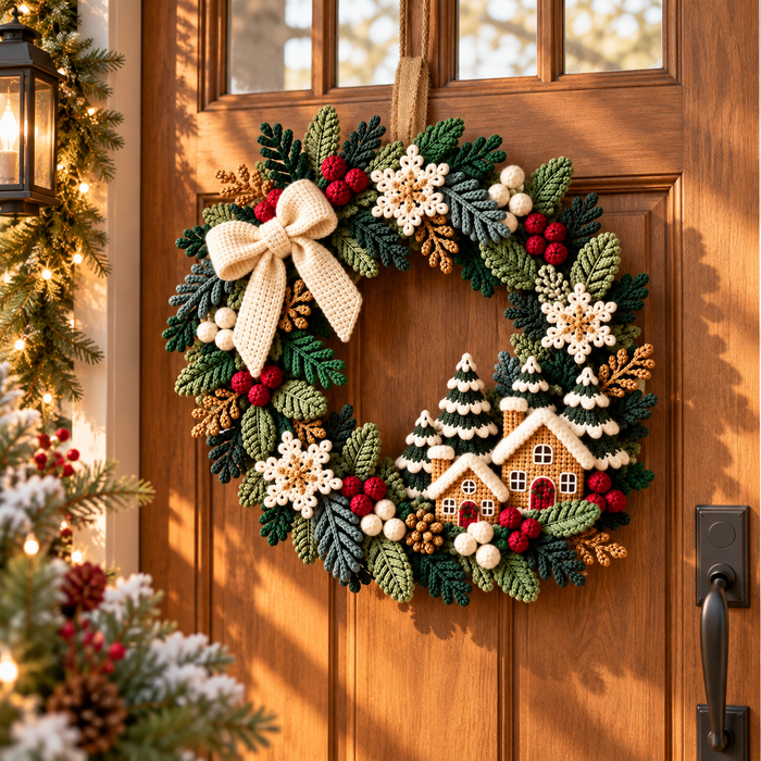 Gingerbread House Christmas Wreath Crochet Pattern PDF | Snowflake Door Decor