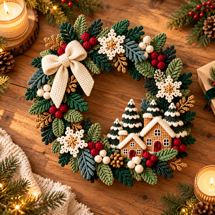 Gingerbread House Christmas Wreath Crochet Pattern PDF | Snowflake Door Decor