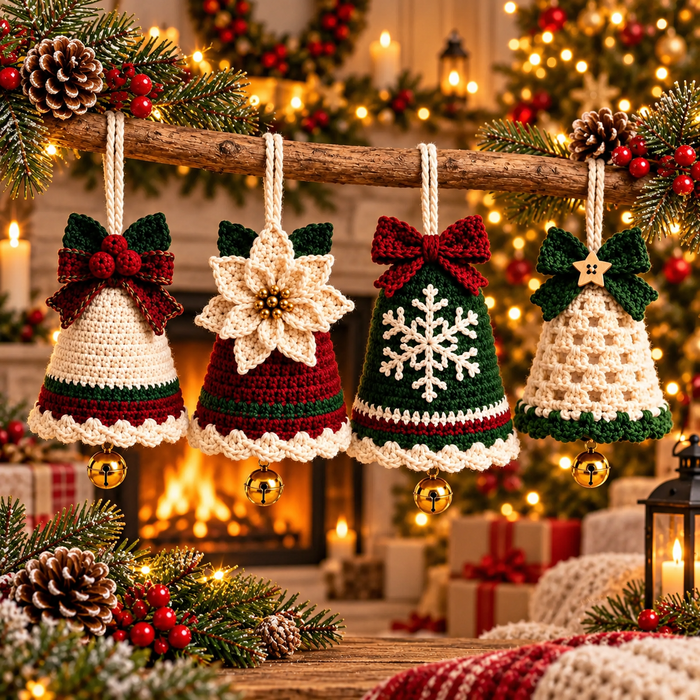 4 Christmas Bell Ornament Crochet Patterns PDF | Poinsettia, Snowflake & Bow