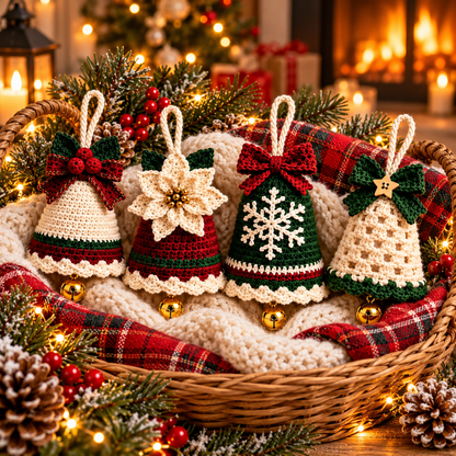 4 Christmas Bell Ornament Crochet Patterns PDF | Poinsettia, Snowflake & Bow