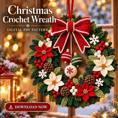 Poinsettia Christmas Wreath Crochet Pattern PDF | Holiday Door Decor
