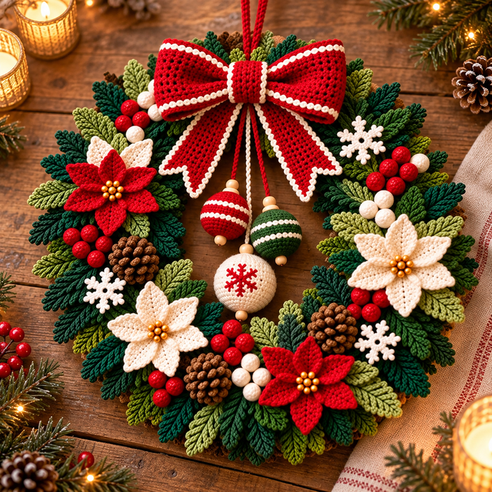 Poinsettia Christmas Wreath Crochet Pattern PDF | Holiday Door Decor