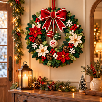 Poinsettia Christmas Wreath Crochet Pattern PDF | Holiday Door Decor