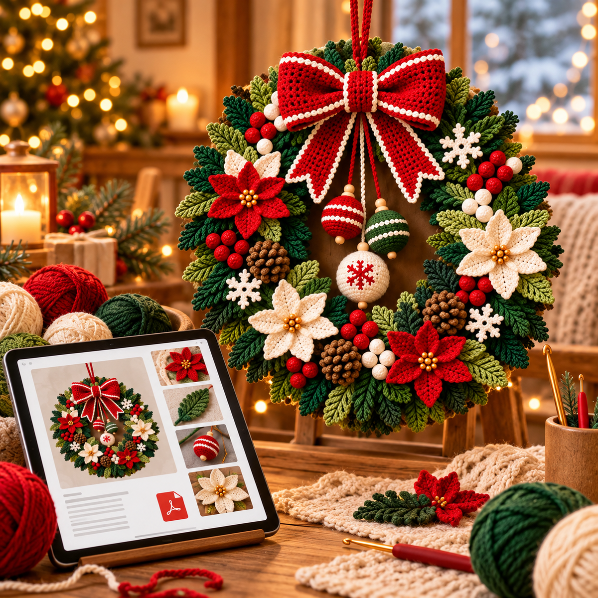 Poinsettia Christmas Wreath Crochet Pattern PDF | Holiday Door Decor