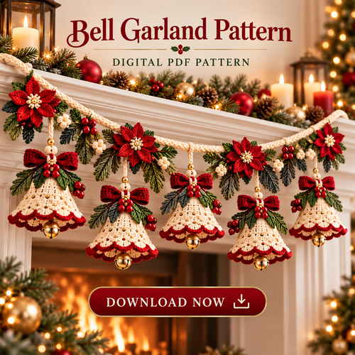 Christmas Bell Garland Crochet Pattern PDF | Poinsettia Holiday Decor
