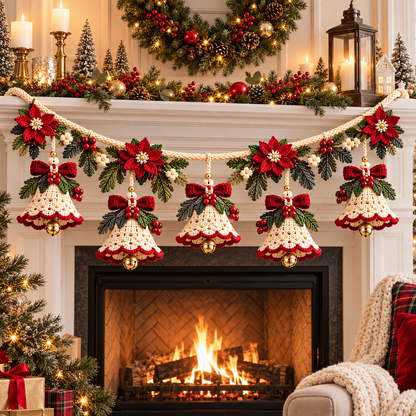 Christmas Bell Garland Crochet Pattern PDF | Poinsettia Holiday Decor