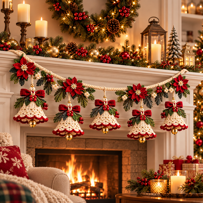 Christmas Bell Garland Crochet Pattern PDF | Poinsettia Holiday Decor