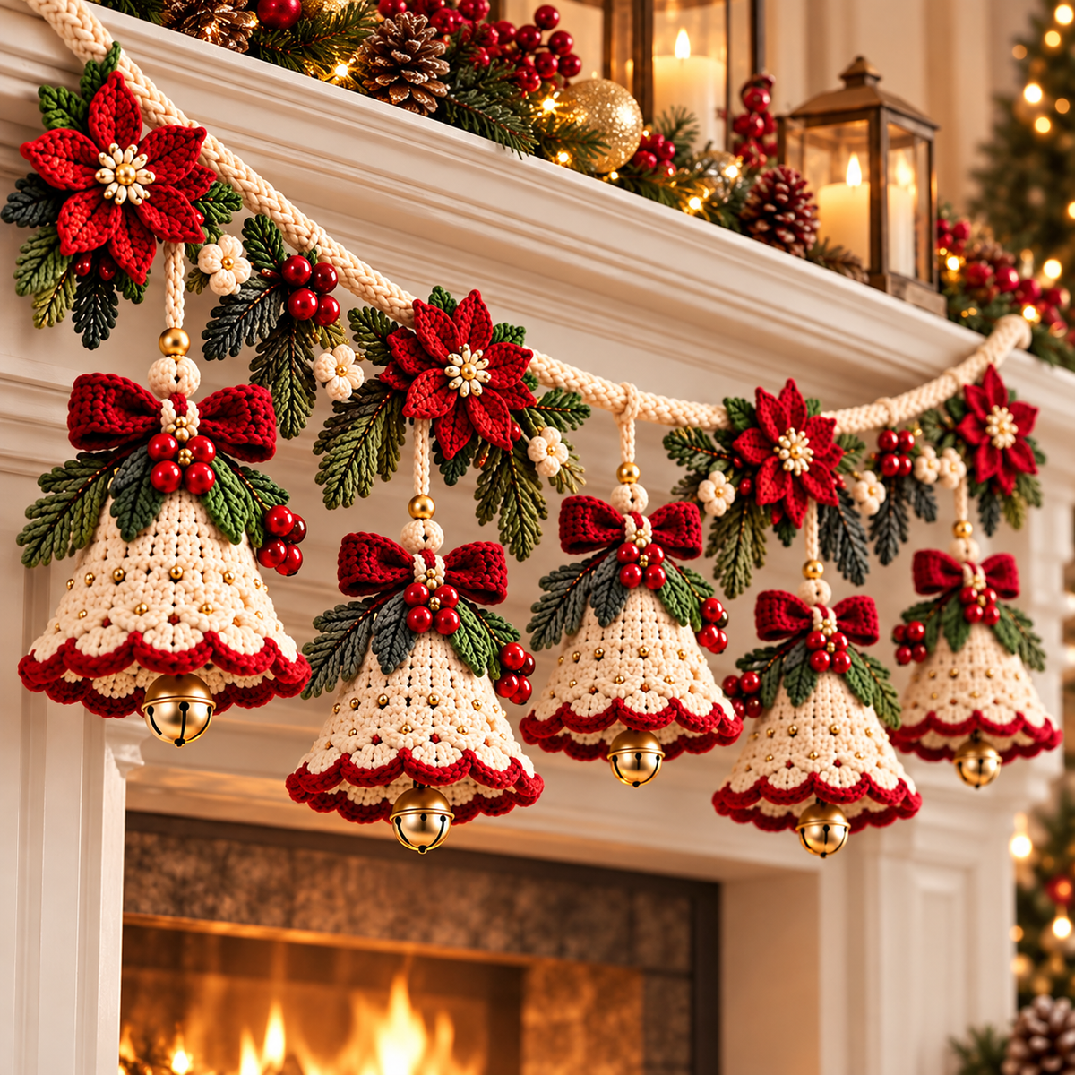 Christmas Bell Garland Crochet Pattern PDF | Poinsettia Holiday Decor