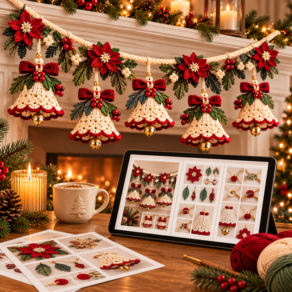 Christmas Bell Garland Crochet Pattern PDF | Poinsettia Holiday Decor