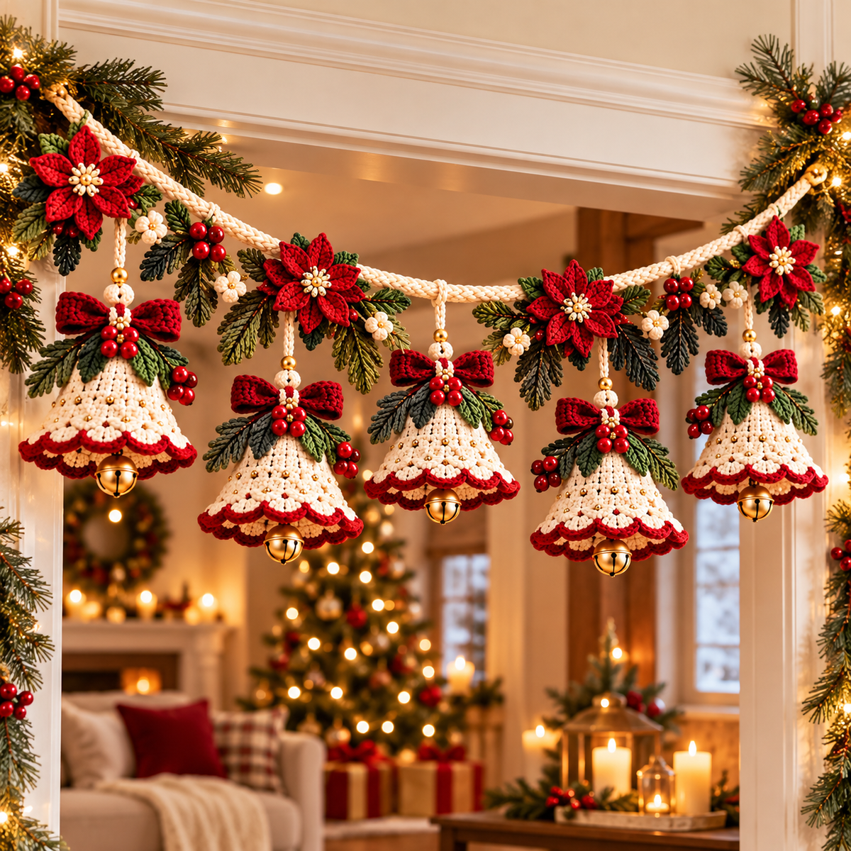 Christmas Bell Garland Crochet Pattern PDF | Poinsettia Holiday Decor
