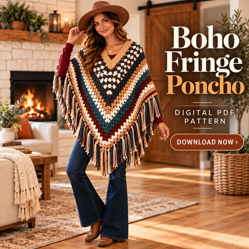 Striped Boho Crochet Poncho Pattern PDF | Women’s Fringed Cape Wrap