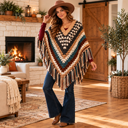 Striped Boho Crochet Poncho Pattern PDF | Women’s Fringed Cape Wrap