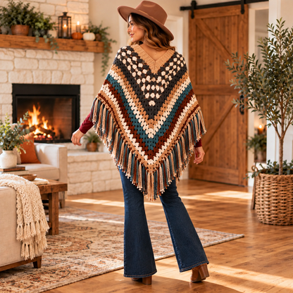 Striped Boho Crochet Poncho Pattern PDF | Women’s Fringed Cape Wrap