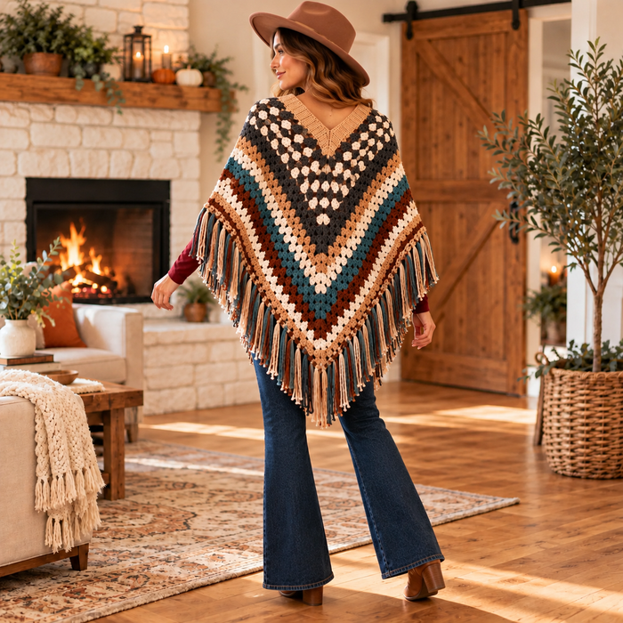 Striped Boho Crochet Poncho Pattern PDF | Women’s Fringed Cape Wrap