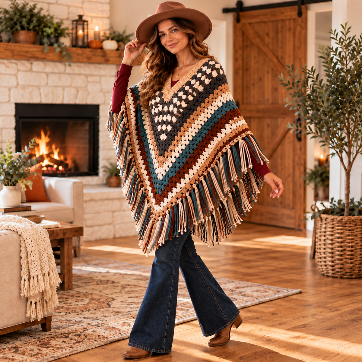 Striped Boho Crochet Poncho Pattern PDF | Women’s Fringed Cape Wrap