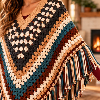 Striped Boho Crochet Poncho Pattern PDF | Women’s Fringed Cape Wrap