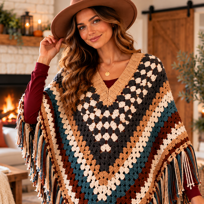 Striped Boho Crochet Poncho Pattern PDF | Women’s Fringed Cape Wrap