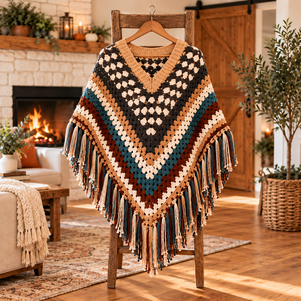 Striped Boho Crochet Poncho Pattern PDF | Women’s Fringed Cape Wrap