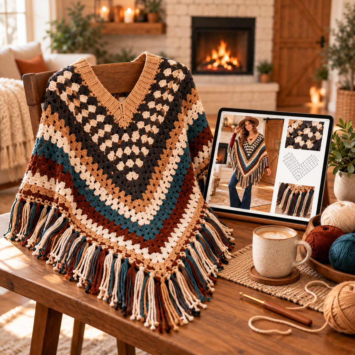 Striped Boho Crochet Poncho Pattern PDF | Women’s Fringed Cape Wrap