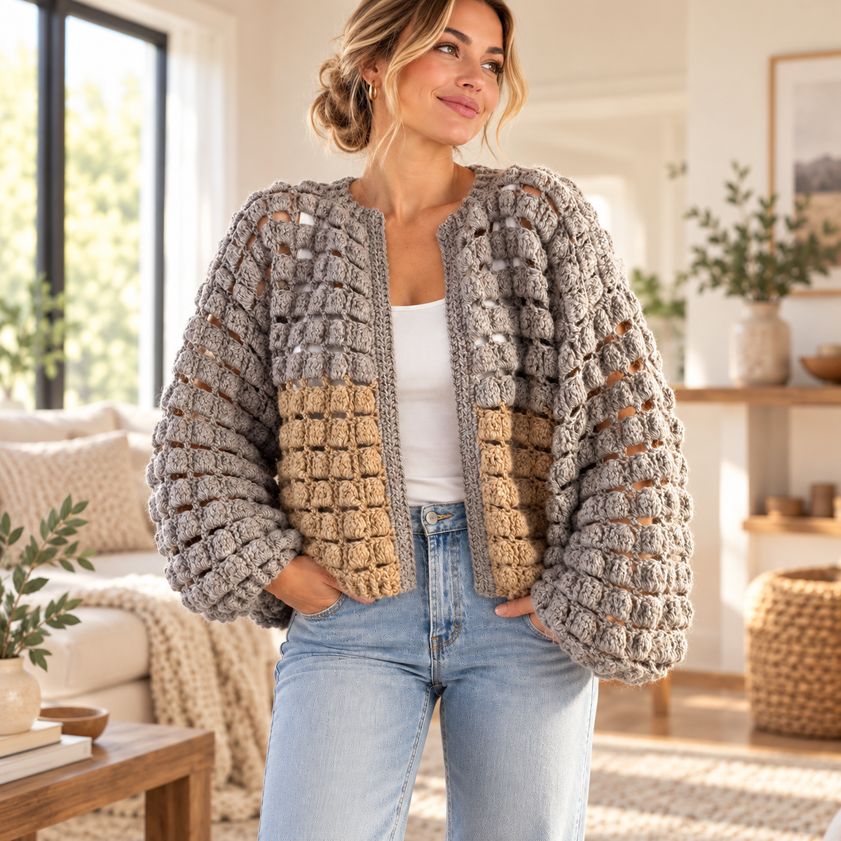 BRIK Crochet Cardigan Pattern PDF | Textured Bobble Stitch Jacket S–XL