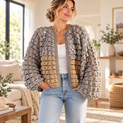 BRIK Crochet Cardigan Pattern PDF | Textured Bobble Stitch Jacket S–XL