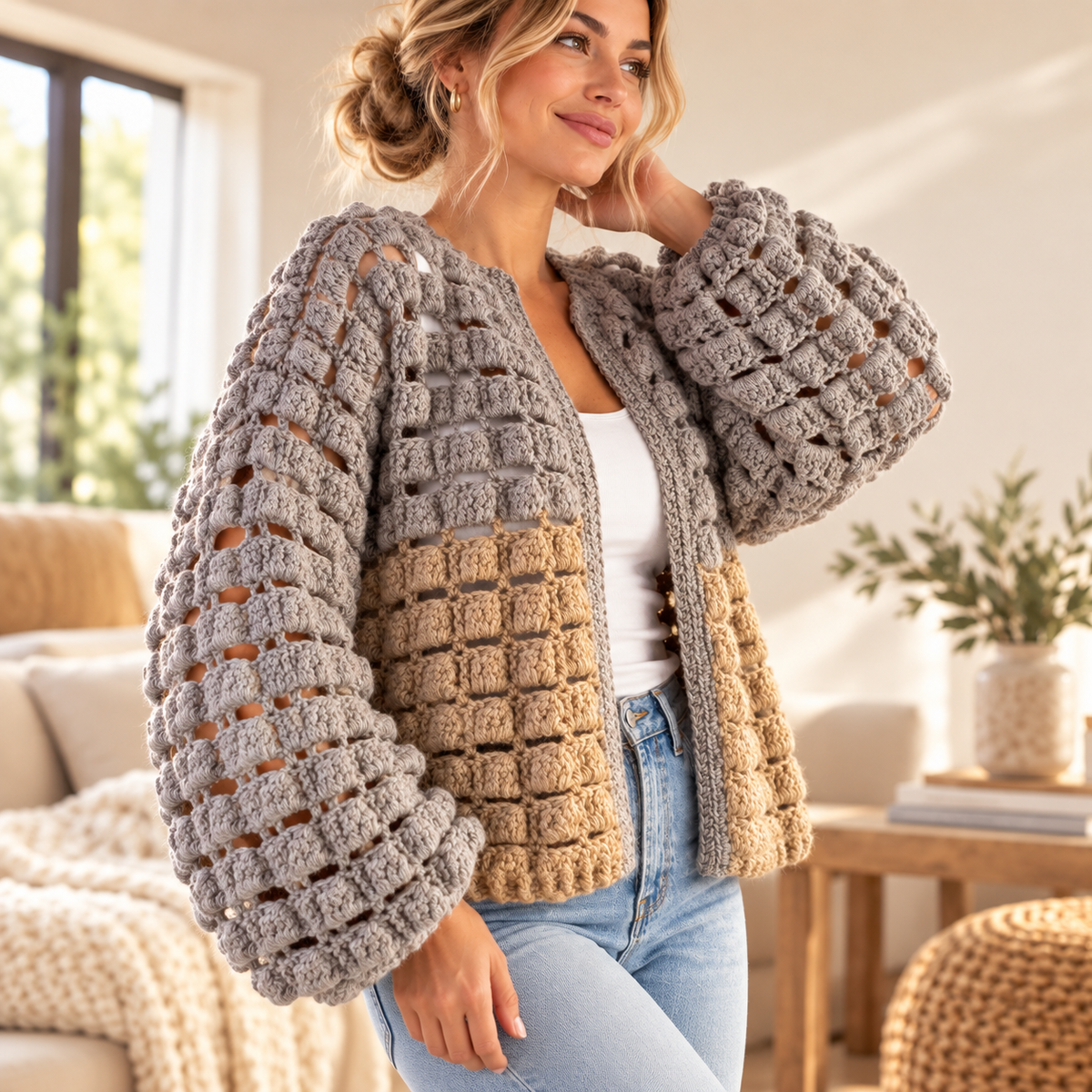 BRIK Crochet Cardigan Pattern PDF | Textured Bobble Stitch Jacket S–XL