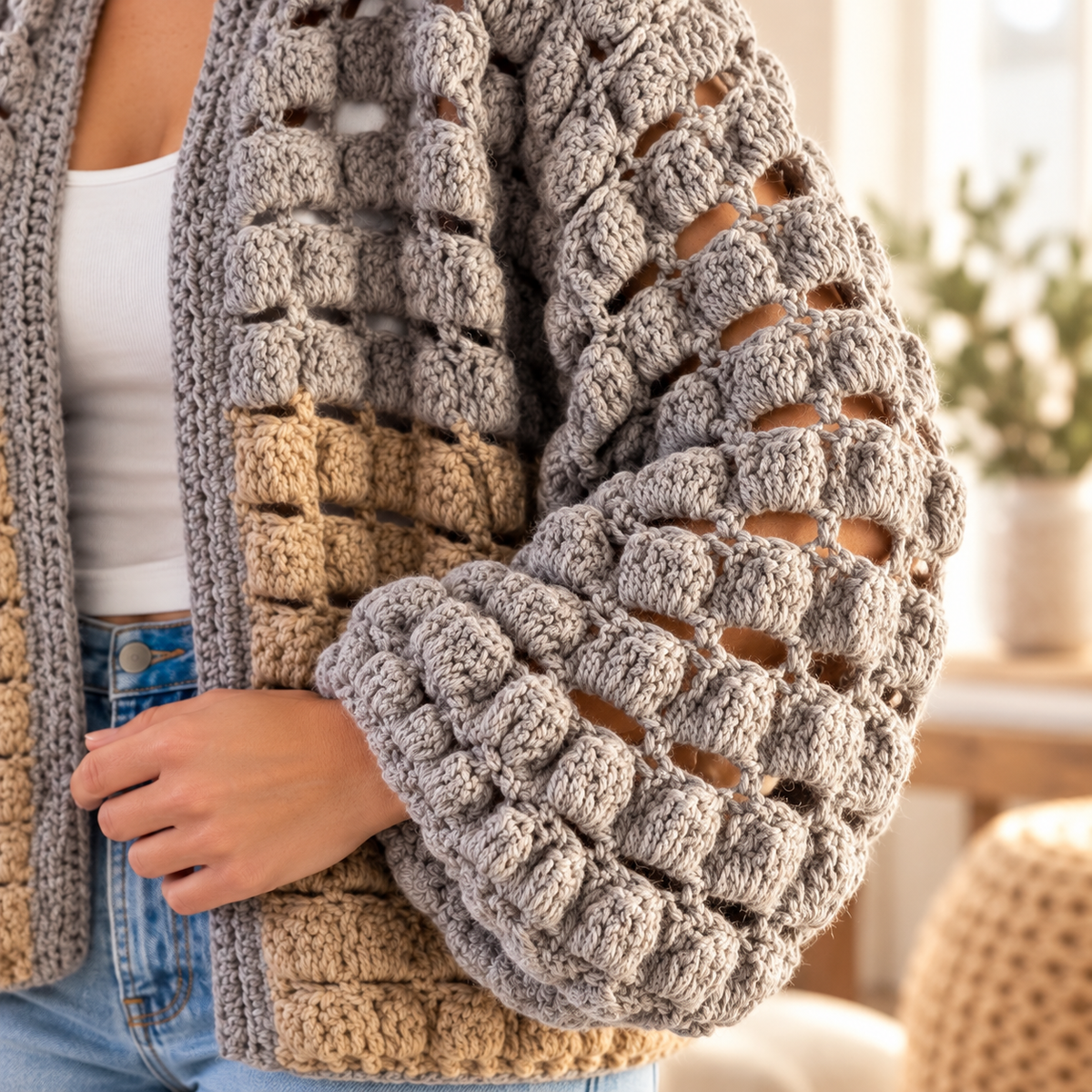 BRIK Crochet Cardigan Pattern PDF | Textured Bobble Stitch Jacket S–XL