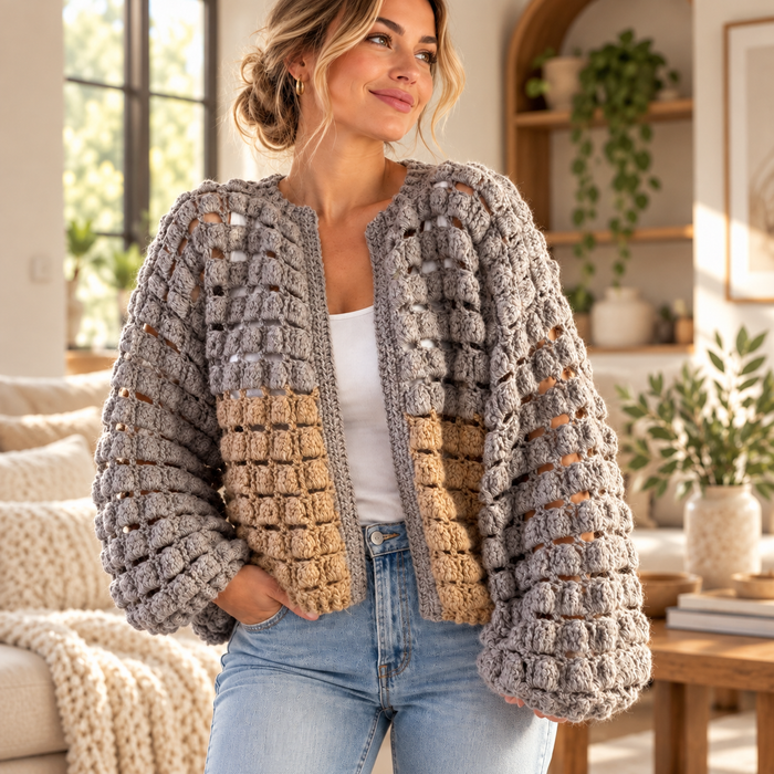 BRIK Crochet Cardigan Pattern PDF | Textured Bobble Stitch Jacket S–XL