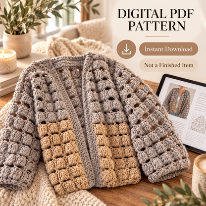 BRIK Crochet Cardigan Pattern PDF | Textured Bobble Stitch Jacket S–XL